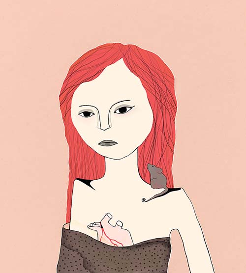 Illustration of a serious looking woman with long red hair on a light pink background. A human heart is partially covered by the neckline of her dress and a small gray mouse sits on her shoulder.