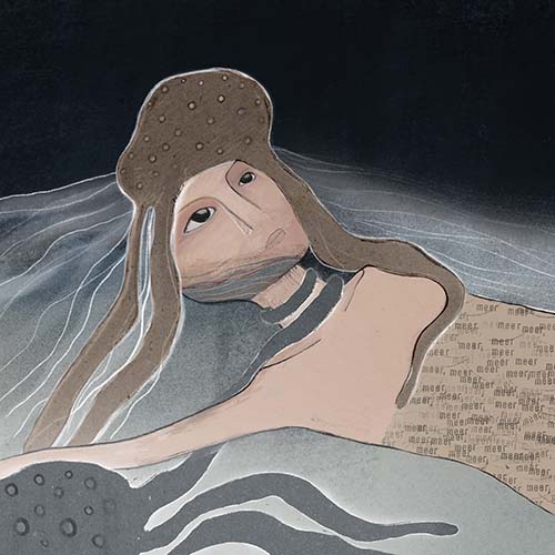 Drawing of a woman lying on her back in shades of gray-blue and light brown. Her gaze is sad and empty. An octopus sits on her head.