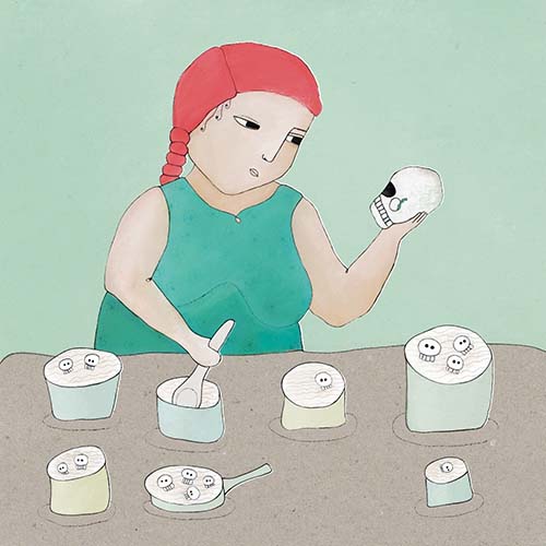 Pastel-coloured illustration of a woman with bright pink hair. She is cooking mini skulls in various pots. Her attention is focussed on the skull she is holding in her left hand.