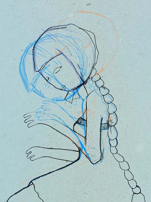 Several drawing layers of a seated woman in profile on blue paper.